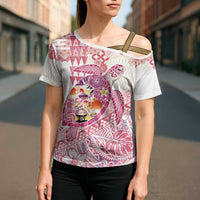 Hawaiian and Japanese Culture Together Cross Shoulder Shirt Tropical Honu with Japanese Elements Pink Color LT03 - Polynesian Pride