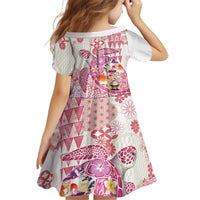 Hawaiian and Japanese Culture Together Kid Short Sleeve Dress Tropical Honu with Japanese Elements Pink Color LT03 - Polynesian Pride