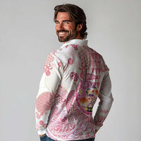 Hawaiian and Japanese Culture Together Long Sleeve Polo Shirt Tropical Honu with Japanese Elements Pink Color LT03 - Polynesian Pride