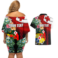 Personalised Tonga Emancipation Day Couples Matching Off Shoulder Short Dress and Hawaiian Shirt Flag Map and Hibiscus Flower Ngatu Pattern LT03 - Polynesian Pride