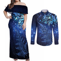 New Zealand Matariki Couples Matching Off Shoulder Maxi Dress and Long Sleeve Button Shirt Maori Pattern and Silver Fern LT03 Blue - Polynesian Pride