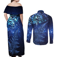 New Zealand Matariki Couples Matching Off Shoulder Maxi Dress and Long Sleeve Button Shirt Maori Pattern and Silver Fern LT03 - Polynesian Pride