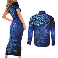 New Zealand Matariki Couples Matching Short Sleeve Bodycon Dress and Long Sleeve Button Shirt Maori Pattern and Silver Fern LT03 - Polynesian Pride
