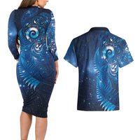 Aotearoa New Zealand New Year Couples Matching Long Sleeve Bodycon Dress and Hawaiian Shirt Tribal Koru Tattoo Blue Galaxy Maori Silver Fern LT03 - Polynesian Pride