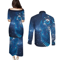 Aotearoa New Zealand New Year Couples Matching Puletasi and Long Sleeve Button Shirt Tribal Koru Tattoo Blue Galaxy Maori Silver Fern LT03 - Polynesian Pride