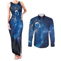 Aotearoa New Zealand New Year Couples Matching Tank Maxi Dress and Long Sleeve Button Shirt Tribal Koru Tattoo Blue Galaxy Maori Silver Fern LT03 Blue - Polynesian Pride