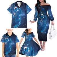 Aotearoa New Zealand New Year Family Matching Off The Shoulder Long Sleeve Dress and Hawaiian Shirt Tribal Koru Tattoo Blue Galaxy Maori Silver Fern LT03 - Polynesian Pride