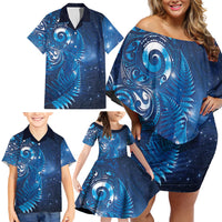 Aotearoa New Zealand New Year Family Matching Off Shoulder Short Dress and Hawaiian Shirt Tribal Koru Tattoo Blue Galaxy Maori Silver Fern LT03 - Polynesian Pride