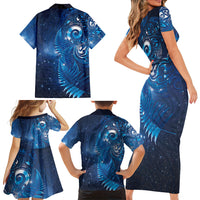 Aotearoa New Zealand New Year Family Matching Short Sleeve Bodycon Dress and Hawaiian Shirt Tribal Koru Tattoo Blue Galaxy Maori Silver Fern LT03 - Polynesian Pride