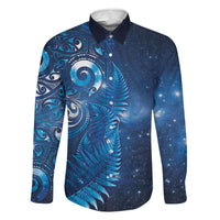 Aotearoa New Zealand New Year Family Matching Short Sleeve Bodycon Dress and Hawaiian Shirt Tribal Koru Tattoo Blue Galaxy Maori Silver Fern LT03 Dad's Shirt - Long Sleeve Blue - Polynesian Pride