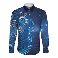 Aotearoa New Zealand New Year Long Sleeve Button Shirt Tribal Koru Tattoo Blue Galaxy Maori Silver Fern LT03 Unisex Blue - Polynesian Pride