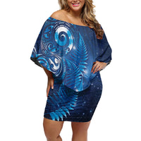 Aotearoa New Zealand New Year Off Shoulder Short Dress Tribal Koru Tattoo Blue Galaxy Maori Silver Fern LT03 Women Blue - Polynesian Pride