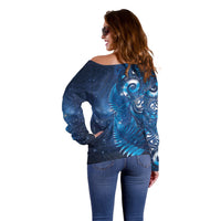 Aotearoa New Zealand New Year Off Shoulder Sweater Tribal Koru Tattoo Blue Galaxy Maori Silver Fern LT03 - Polynesian Pride