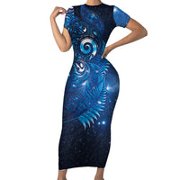 Aotearoa New Zealand New Year Short Sleeve Bodycon Dress Tribal Koru Tattoo Blue Galaxy Maori Silver Fern LT03 Long Dress Blue - Polynesian Pride