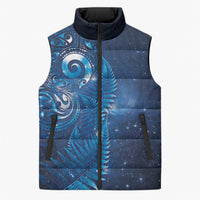Aotearoa New Zealand New Year Sleeveless Puffer Jacket Tribal Koru Tattoo Blue Galaxy Maori Silver Fern LT03 Unisex Blue - Polynesian Pride