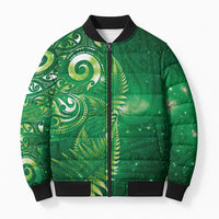 Aotearoa New Zealand New Year Bomber Puffer Jacket Tribal Koru Tattoo Green Galaxy Maori Silver Fern LT03 Unisex Green - Polynesian Pride