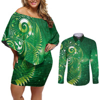 Aotearoa New Zealand New Year Couples Matching Off Shoulder Short Dress and Long Sleeve Button Shirt Tribal Koru Tattoo Green Galaxy Maori Silver Fern LT03 Green - Polynesian Pride