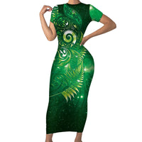 Aotearoa New Zealand New Year Family Matching Short Sleeve Bodycon Dress and Hawaiian Shirt Tribal Koru Tattoo Green Galaxy Maori Silver Fern LT03 Mom's Dress Green - Polynesian Pride