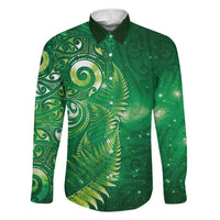 Aotearoa New Zealand New Year Family Matching Tank Maxi Dress and Hawaiian Shirt Tribal Koru Tattoo Green Galaxy Maori Silver Fern LT03 Dad's Shirt - Long Sleeve Green - Polynesian Pride