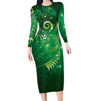 Aotearoa New Zealand New Year Long Sleeve Bodycon Dress Tribal Koru Tattoo Green Galaxy Maori Silver Fern LT03 Long Dress Green - Polynesian Pride