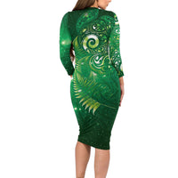 Aotearoa New Zealand New Year Long Sleeve Bodycon Dress Tribal Koru Tattoo Green Galaxy Maori Silver Fern LT03 - Polynesian Pride