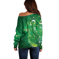 Aotearoa New Zealand New Year Off Shoulder Sweater Tribal Koru Tattoo Green Galaxy Maori Silver Fern LT03 - Polynesian Pride