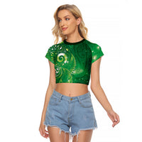 Aotearoa New Zealand New Year Raglan Cropped T Shirt Tribal Koru Tattoo Green Galaxy Maori Silver Fern LT03 Female Green - Polynesian Pride