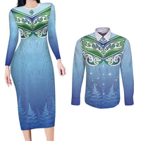 Aotearoa New Zealand New Year Couples Matching Long Sleeve Bodycon Dress and Long Sleeve Button Shirt Maori Motifs with Silver Fern and Matariki Stars LT03 Multicolor - Polynesian Pride