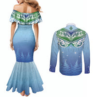 Aotearoa New Zealand New Year Couples Matching Mermaid Dress and Long Sleeve Button Shirt Maori Motifs with Silver Fern and Matariki Stars LT03 - Polynesian Pride