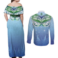 Aotearoa New Zealand New Year Couples Matching Off Shoulder Maxi Dress and Long Sleeve Button Shirt Maori Motifs with Silver Fern and Matariki Stars LT03 - Polynesian Pride
