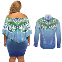 Aotearoa New Zealand New Year Couples Matching Off Shoulder Short Dress and Long Sleeve Button Shirt Maori Motifs with Silver Fern and Matariki Stars LT03 - Polynesian Pride