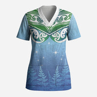 Aotearoa New Zealand New Year Scrub Top Maori Motifs with Silver Fern and Matariki Stars LT03 Adult Multicolor - Polynesian Pride