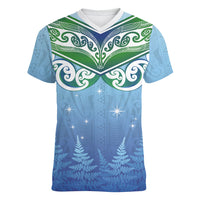 Aotearoa New Zealand New Year Women V-Neck T-Shirt Maori Motifs with Silver Fern and Matariki Stars LT03 Female Multicolor - Polynesian Pride