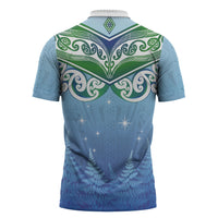 Aotearoa New Zealand New Year Zipper Polo Shirt Maori Motifs with Silver Fern and Matariki Stars LT03 - Polynesian Pride