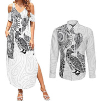 Aotearoa Moko Tribal Tattoo Couples Matching Summer Maxi Dress and Long Sleeve Button Shirt New Zealand Maori Penguin and Fantail White Color LT03 White - Polynesian Pride