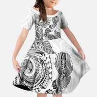 Aotearoa Moko Tribal Tattoo Kid Short Sleeve Dress New Zealand Maori Penguin and Fantail White Color LT03 KID White - Polynesian Pride