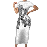 Aotearoa Moko Tribal Tattoo Short Sleeve Bodycon Dress New Zealand Maori Penguin and Fantail White Color LT03 Long Dress White - Polynesian Pride