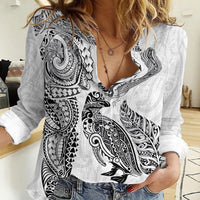 Aotearoa Moko Tribal Tattoo Women Casual Shirt New Zealand Maori Penguin and Fantail White Color LT03 Female White - Polynesian Pride