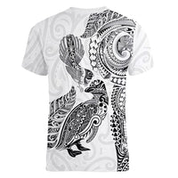 Aotearoa Moko Tribal Tattoo Women V-Neck T-Shirt New Zealand Maori Penguin and Fantail White Color LT03 - Polynesian Pride