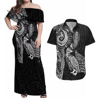 Aotearoa Moko Tribal Tattoo Couples Matching Off Shoulder Maxi Dress and Hawaiian Shirt New Zealand Maori Penguin and Fantail Black Color LT03 Black - Polynesian Pride