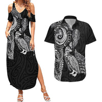 Aotearoa Moko Tribal Tattoo Couples Matching Summer Maxi Dress and Hawaiian Shirt New Zealand Maori Penguin and Fantail Black Color LT03 Black - Polynesian Pride