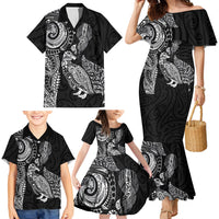 Aotearoa Moko Tribal Tattoo Family Matching Mermaid Dress and Hawaiian Shirt New Zealand Maori Penguin and Fantail Black Color LT03 - Polynesian Pride