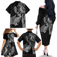 Aotearoa Moko Tribal Tattoo Family Matching Off The Shoulder Long Sleeve Dress and Hawaiian Shirt New Zealand Maori Penguin and Fantail Black Color LT03 - Polynesian Pride