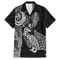 Aotearoa Moko Tribal Tattoo Family Matching Off Shoulder Maxi Dress and Hawaiian Shirt New Zealand Maori Penguin and Fantail Black Color LT03 Dad's Shirt - Short Sleeve Black - Polynesian Pride