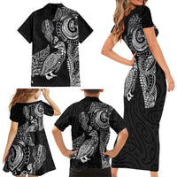Aotearoa Moko Tribal Tattoo Family Matching Short Sleeve Bodycon Dress and Hawaiian Shirt New Zealand Maori Penguin and Fantail Black Color LT03 - Polynesian Pride