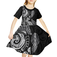 Aotearoa Moko Tribal Tattoo Kid Short Sleeve Dress New Zealand Maori Penguin and Fantail Black Color LT03 - Polynesian Pride
