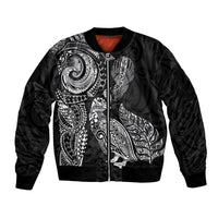 Aotearoa Moko Tribal Tattoo Sleeve Zip Bomber Jacket New Zealand Maori Penguin and Fantail Black Color LT03 Unisex Black - Polynesian Pride