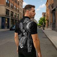 Aotearoa Moko Tribal Tattoo Zipper Polo Shirt New Zealand Maori Penguin and Fantail Black Color LT03 - Polynesian Pride