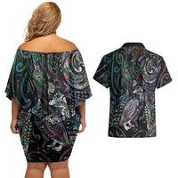 Aotearoa Moko Tribal Tattoo Couples Matching Off Shoulder Short Dress and Hawaiian Shirt New Zealand Maori Penguin and Fantail Paua Shell Style LT03 - Polynesian Pride