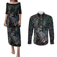 Aotearoa Moko Tribal Tattoo Couples Matching Puletasi and Long Sleeve Button Shirt New Zealand Maori Penguin and Fantail Paua Shell Style LT03 Multicolor - Polynesian Pride